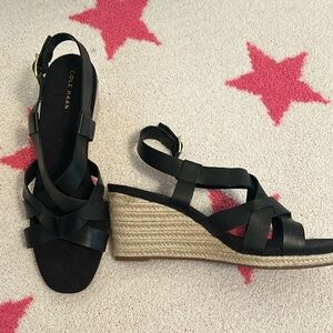 COLE HAAN black leather wedge sandal.  Tried on, never worn. Size 9